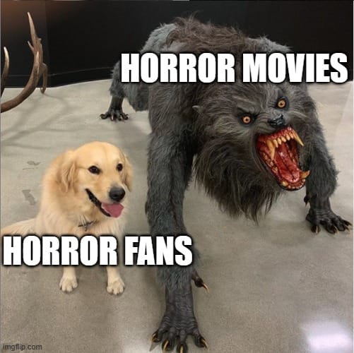dog next to a scary monster